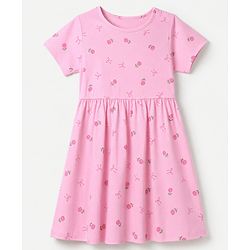 Pine Kids Cotton Knit Half Sleeves One Piece Dress with Floral Print - Pink