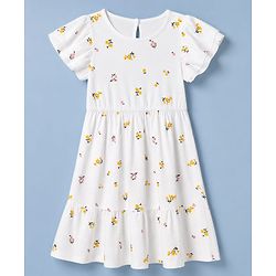 Pine Kids Cotton Knit Flutter Sleeves Tiered Frock with Floral Print - White