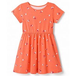 Pine Kids Female Cotton Knit Half Sleeves Frock with Floral Print - Orange