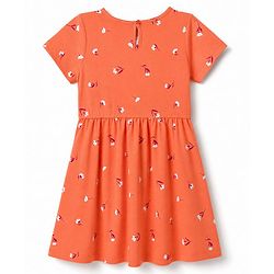 Pine Kids Female Cotton Knit Half Sleeves Frock with Floral Print - Orange