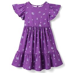Pine Kids 100% Cotton Knit Half Flutter Sleeves Floral Printed Tiered Frock - Purple