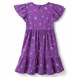Pine Kids 100% Cotton Knit Half Flutter Sleeves Floral Printed Tiered Frock - Purple