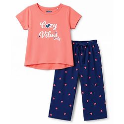 Pine Kids Cotton Knit Half Sleeves T-Shirt & Pajama Night Suit with Hearts & Text Print - Coral