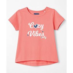 Pine Kids Cotton Knit Half Sleeves T-Shirt & Pajama Night Suit with Hearts & Text Print - Coral