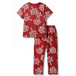 Pine Kids Cotton Knit Half Sleeves Co-Ords T-Shirt & Pyjama Night Suit with Palm Tree Print - Red