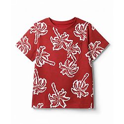 Pine Kids Cotton Knit Half Sleeves Co-Ords T-Shirt & Pyjama Night Suit with Palm Tree Print - Red