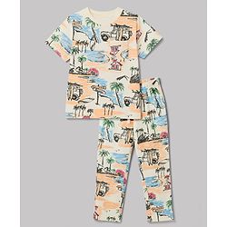 Pine Kids Cotton Knit Half Sleeves Beach Theme Printed Co-Ords T-Shirt & Pyjama Night Suit - Cream