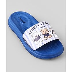 Pine Kids Slip On Sliders With Teddy Bear & Text Print - Blue
