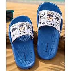Pine Kids Slip On Sliders With Teddy Bear & Text Print - Blue