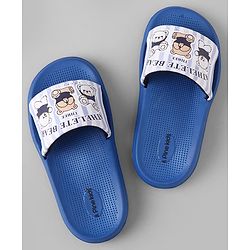 Pine Kids Slip On Sliders With Teddy Bear & Text Print - Blue