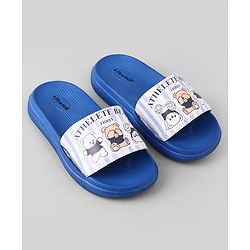 Pine Kids Slip On Sliders With Teddy Bear & Text Print - Blue