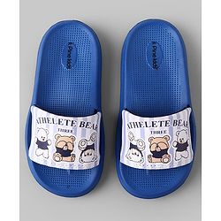 Pine Kids Slip On Sliders With Teddy Bear & Text Print - Blue