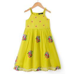 Pine Kids Georgette Woven Sleeveless Floral Embroidered Kurti Salwar Set With Dupatta - Lime Green