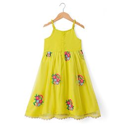 Pine Kids Georgette Woven Sleeveless Floral Embroidered Kurti Salwar Set With Dupatta - Lime Green