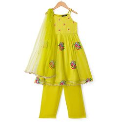 Pine Kids Georgette Woven Sleeveless Floral Embroidered Kurti Salwar Set With Dupatta - Lime Green