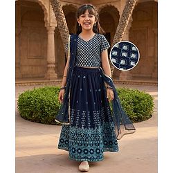 Pine Kids Georgette Woven Half Sleeves Floral Sequinned Choli & Lehenga Set With Dupatta - Navy Blue