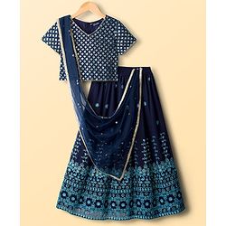 Pine Kids Georgette Woven Half Sleeves Floral Sequinned Choli & Lehenga Set With Dupatta - Navy Blue
