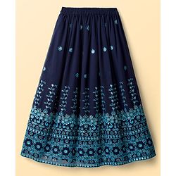Pine Kids Georgette Woven Half Sleeves Floral Sequinned Choli & Lehenga Set With Dupatta - Navy Blue