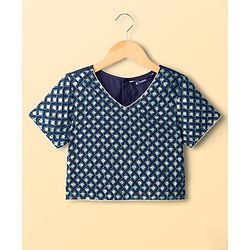 Pine Kids Georgette Woven Half Sleeves Floral Sequinned Choli & Lehenga Set With Dupatta - Navy Blue
