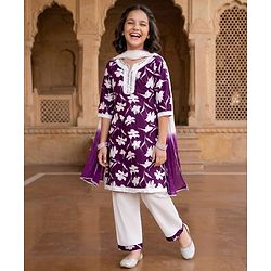 Pine Kids Cotton Woven Three Fourth Sleeves Floral Printed Kurti Churidar Set with Dupatta - Violet