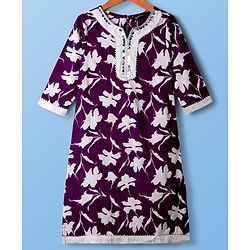 Pine Kids Cotton Woven Three Fourth Sleeves Floral Printed Kurti Churidar Set with Dupatta - Violet