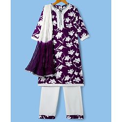Pine Kids Cotton Woven Three Fourth Sleeves Floral Printed Kurti Churidar Set with Dupatta - Violet