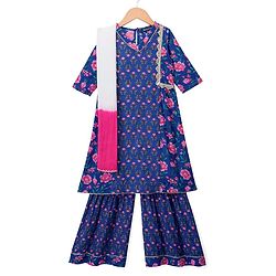 Pine Kids Cotton Woven Three Fourth Sleeves Kurti & Salwar Set with Floral Print - Blue