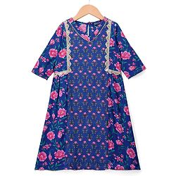 Pine Kids Cotton Woven Three Fourth Sleeves Kurti & Salwar Set with Floral Print - Blue