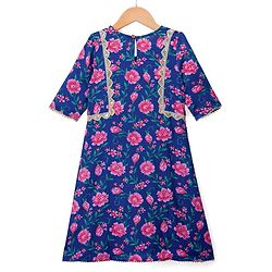 Pine Kids Cotton Woven Three Fourth Sleeves Kurti & Salwar Set with Floral Print - Blue