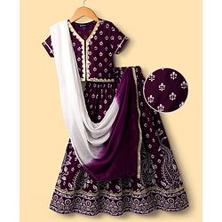 Pine Kids Woven Lehenga Choli and Dupatta with Half Sleeves and Floral Print - Violet