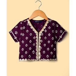 Pine Kids Woven Lehenga Choli and Dupatta with Half Sleeves and Floral Print - Violet