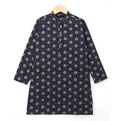 Pine kids 100% Cotton Woven Full Sleeves Floral Foil Printed Kurta - Navy Blue