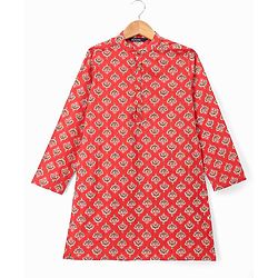 Pine Kids Cotton Woven Full Sleeves Kurta With Floral Print - Red