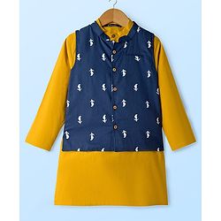 Pine Kids Cotton Woven Full Sleeves Kurta Pyjama Set and Floral Printed Jacket - Mustard