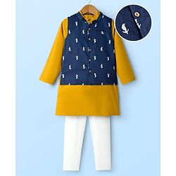 Pine Kids Cotton Woven Full Sleeves Kurta Pyjama Set and Floral Printed Jacket - Mustard
