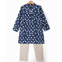Pine Kids Cotton Woven Full Sleeves Printed Kurta Pyjama Set - Navy Blue