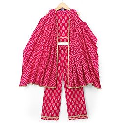 Pine Kids Rayon Woven Sleeveless Bandhani Printed Top Pant Set with Ethnic Jacket - Dark Pink