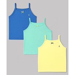 Pine Kids Cotton Lycra Knit Sleeveless Solid Slips With Bow Applique Pack Of 3 - Yellow Sea Green & Blue