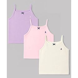 Pine Kids Cotton Lycra Knit Sleeveless Solid Slips With Bow Applique Pack Of 3 - Purple Pink & White