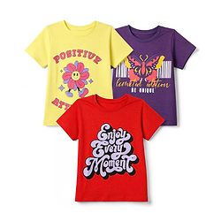 Pine Kids Cotton Knit Half Sleeves T-Shirts with Positive Attitude & Enjoy Every Moment Text and Flower Butterfly Print Pack of 3 - Yellow Red & Purple