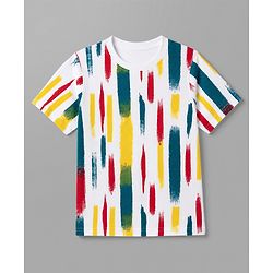 Pine Kids Cotton Knit Half Sleeves T-Shirt with Vertical Brush Stroke Print - White