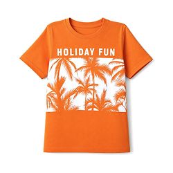 Pine Kids Cotton Knit Half Sleeves T-Shirt with Holiday Fun & Palm Tree Print - Orange