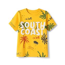 Pine Kids Cotton Knit Half Sleeves T-Shirt with Palm Tree & South Coast Applique - Yellow