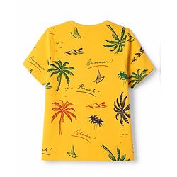 Pine Kids Cotton Knit Half Sleeves T-Shirt with Palm Tree & South Coast Applique - Yellow