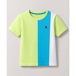 Pine Kids Cotton Knit T-Shirts with Half Sleeves and Color Block Pattern - Limegreen