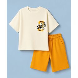 Pine Kids Cotton Denim Knit Half Sleeves T-shirt & Shorts Set With Text Print - Offwhite & Yellow
