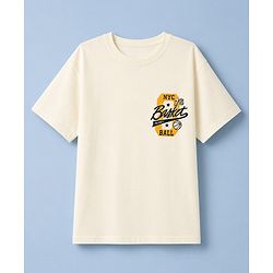 Pine Kids Cotton Denim Knit Half Sleeves T-shirt & Shorts Set With Text Print - Offwhite & Yellow