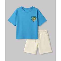 Pine Kids Cotton Denim Knit Half Sleeves T-shirt and Shots Set With Text Print - Sky Blue