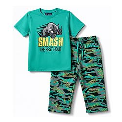 Pine Kids 100% Cotton Knit Half Sleeves Rhino Text & Camouflage Printed T-Shirt & Pyjama Night Suit - Green