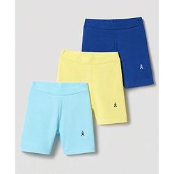 Pine Kids Cotton Lycra Knit Above Knee Length Cycling Shorts Pack of 3 - Blue, Light Blue & Yellow